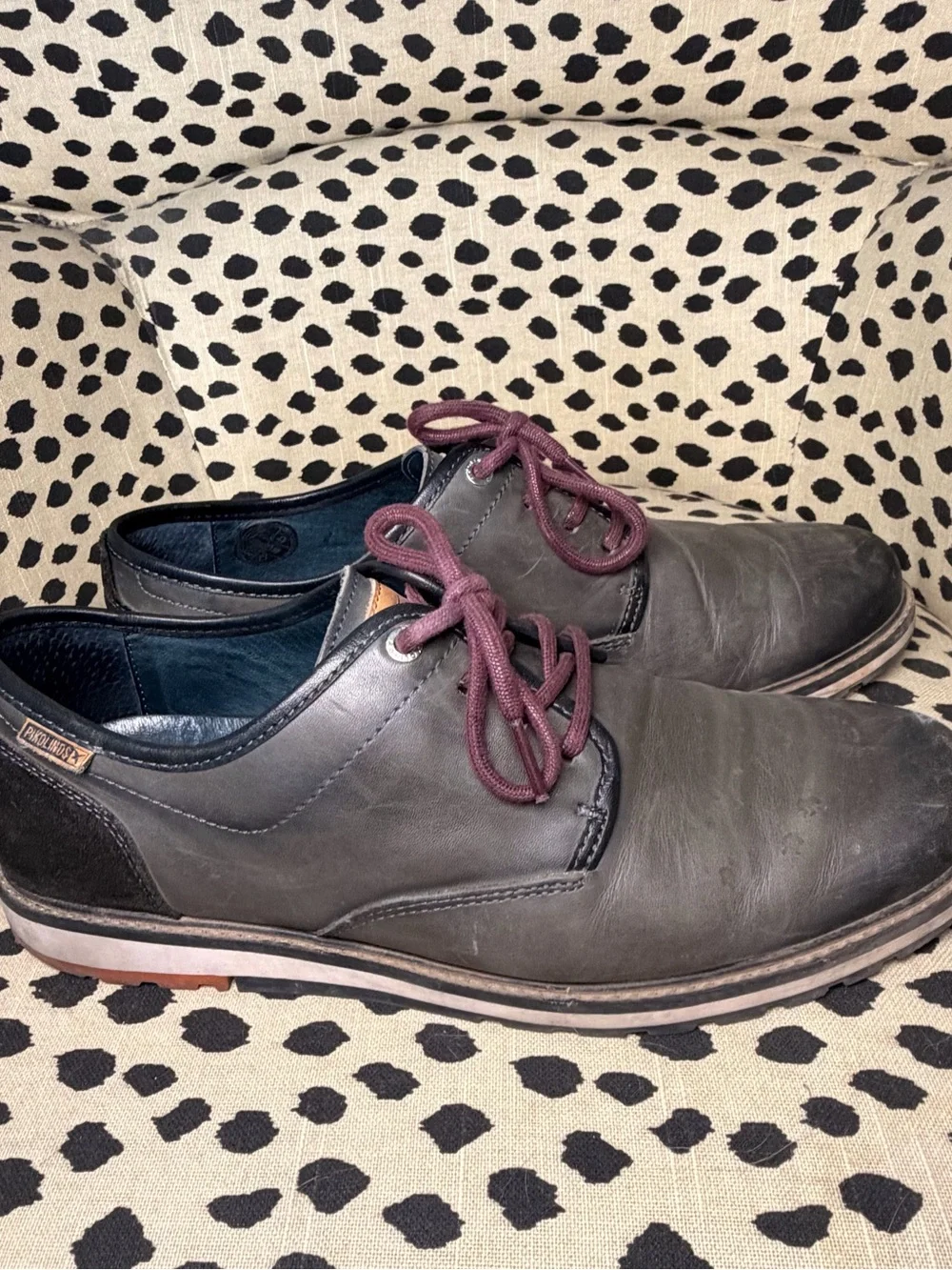 Men's Pikolinos Casual Leather Derby Shoes - Gray with Burgundy Laces